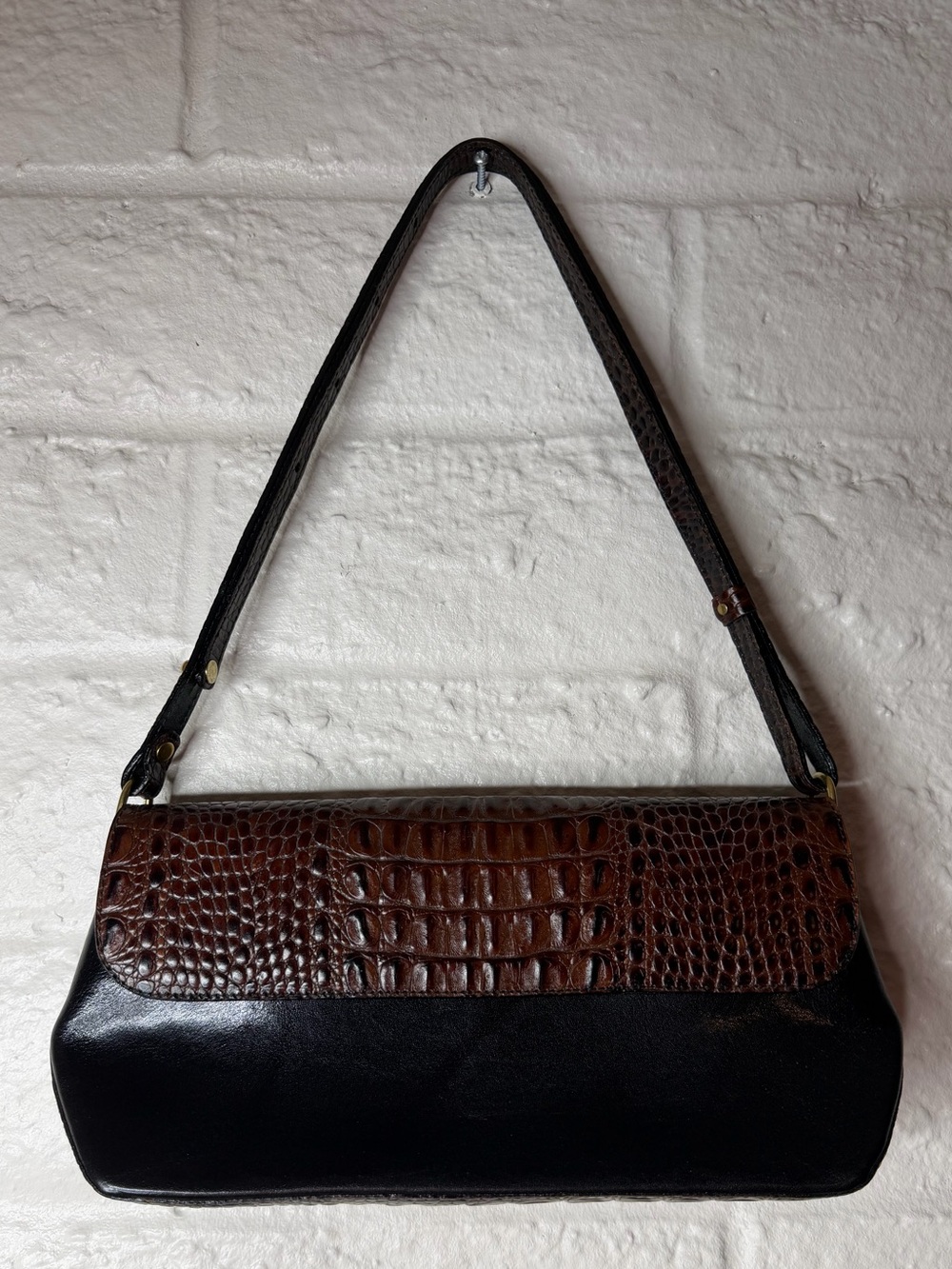 Brahmin Croc-Embossed Shoulder Bag in Brown and Black
